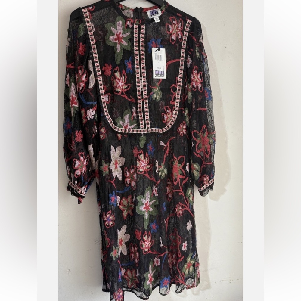 NWT xl Anna Sui Black Lace 
Embroidered Floral Dress